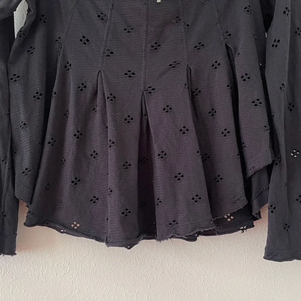 Free People Eyelet Blouse Flare Sleeve Washed Boho Black Medium